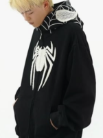 OATSBAS Y2K Hip Hop Spider Hoodie for Women Men, Black, Medium