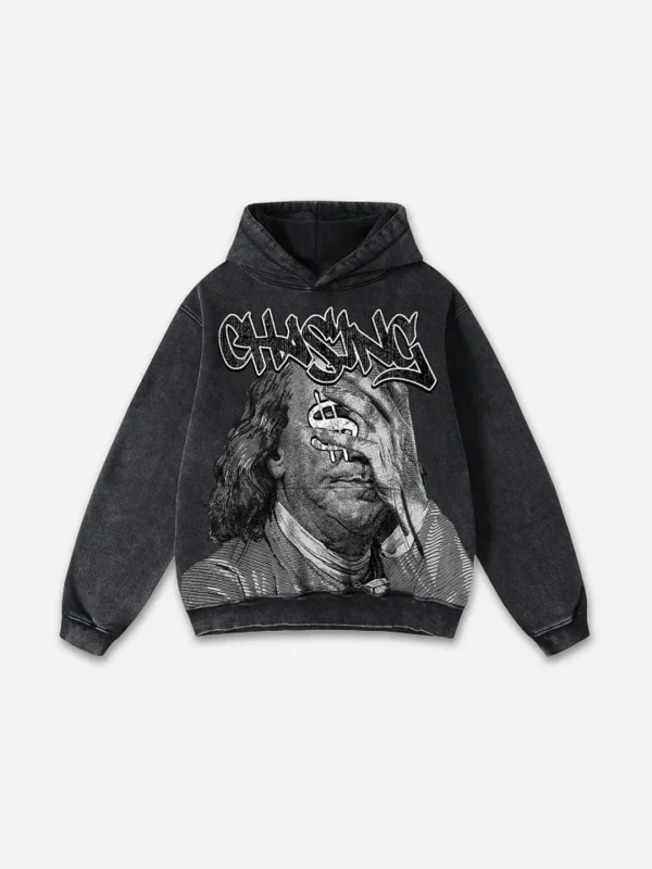 Vintage Chase Money Graphic Washed Pocket Hoodie black