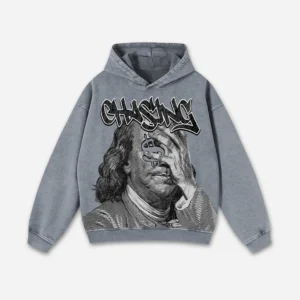 Vintage Chase Money Graphic Washed Pocket Hoodie gray