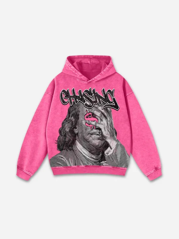 Vintage Chase Money Graphic Washed Pocket Hoodie pink