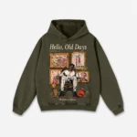 Vintage Old Times Graphic Acid Washed Oversized Hoodie Army Green