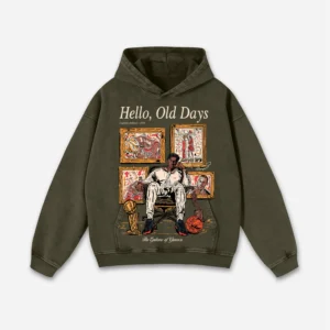 Vintage Old Times Graphic Acid Washed Oversized Hoodie Army Green