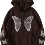 Women's Oversized Hoodie Sweatshirt, Zip Up Jacket Vintage Butterfly Print Hoodie Long Sleeve 90s Y2K E-Girl Coat Jacket (Brown