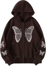 Women's Oversized Hoodie Sweatshirt, Zip Up Jacket Vintage Butterfly Print Hoodie Long Sleeve 90s Y2K E-Girl Coat Jacket (Brown
