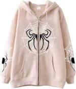 Women's Oversized Y2K Zip Up Halloween Hoodies Jacket Long Sleeve Graphic Spider Print Hooded Jackets off white khaki