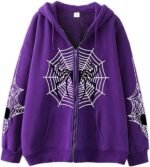 Women's Oversized Y2K Zip Up Halloween Hoodies Jacket Long Sleeve Graphic Spider Print Hooded Jackets purple