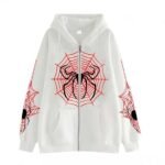 Women's Oversized Y2K Zip Up Halloween Hoodies Jacket Long Sleeve Graphic Spider Print Hooded Jackets white