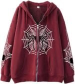 Women's Oversized Y2K Zip Up Halloween Hoodies Jacket Long Sleeve Graphic Spider Print Hooded Jackets wine