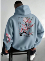 Men's Casual Fashion Street Plum Blossom Tree Slogan Print Kangaroo Pocket Drawstring Hoodie, AutumnWinter