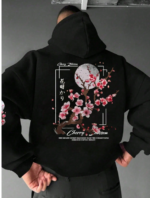 Men's Casual Fashion Street Plum Blossom Tree Slogan Print Kangaroo Pocket Drawstring Hoodie, AutumnWinter black