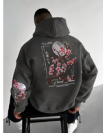 Men's Casual Fashion Street Plum Blossom Tree Slogan Print Kangaroo Pocket Drawstring Hoodie, AutumnWinter gray
