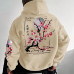 Men's Casual Fashion Street Plum Blossom Tree Slogan Print Kangaroo Pocket Drawstring Hoodie, AutumnWinter natural