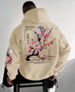 Men's Casual Fashion Street Plum Blossom Tree Slogan Print Kangaroo Pocket Drawstring Hoodie, AutumnWinter natural