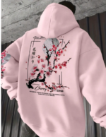 Men's Casual Fashion Street Plum Blossom Tree Slogan Print Kangaroo Pocket Drawstring Hoodie, AutumnWinter pink