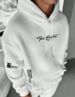 Men's Casual Fashionable Versatile Daily Commute Minimalist Slogan Print Kangaroo Pocket Drawstring white