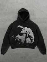 Men's Casual Portrait Print Sweatshirt, Vintage Washed Loose Fit Lightweight Pullover Hoodie For Spring