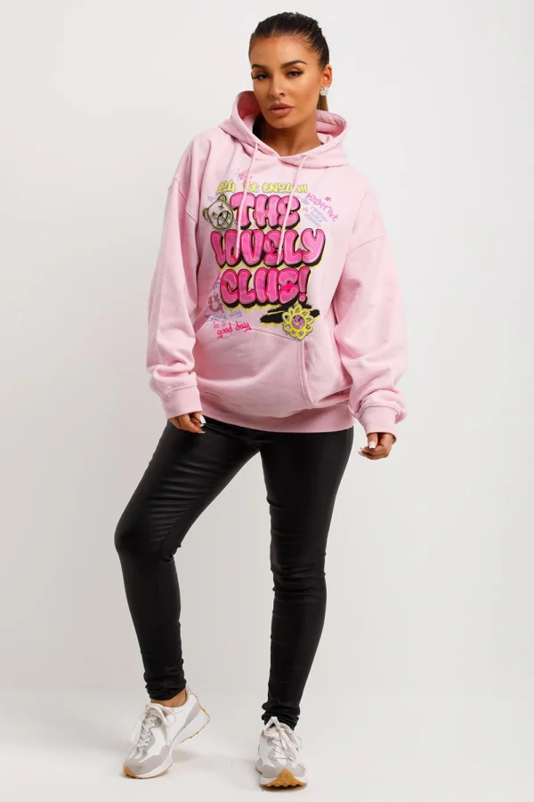 Pink Oversized Hoodie With Lovely Club Graphic Slogan