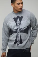 Relaxed Boxy Gothic Cross Graphic Knitted Jumper