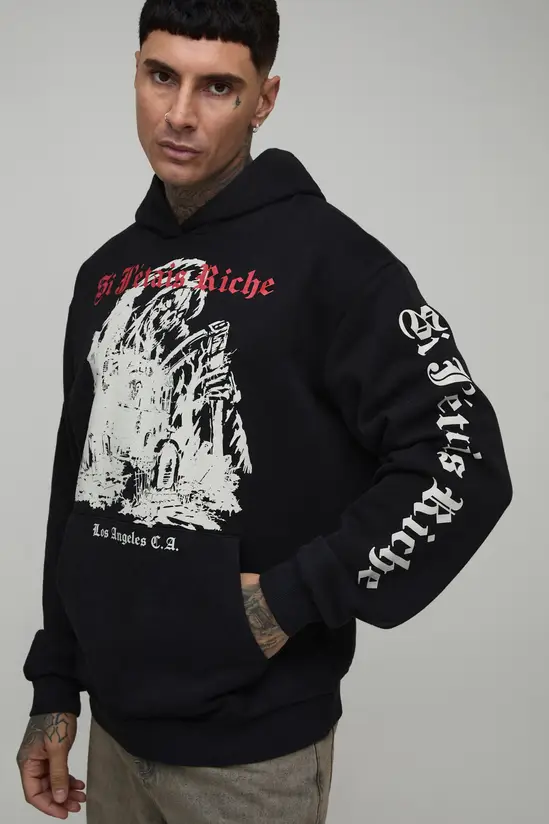 Tall Oversized Gothic Washed Printed Hoodie Tall Oversized Gothic Washed Printed Hoodie