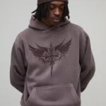Washed Chocolate Oversized Tonal Gothic Print Hoodie