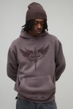 Washed Chocolate Oversized Tonal Gothic Print Hoodie