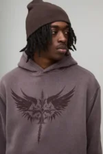 Washed Chocolate Oversized Tonal Gothic Print Hoodie 2