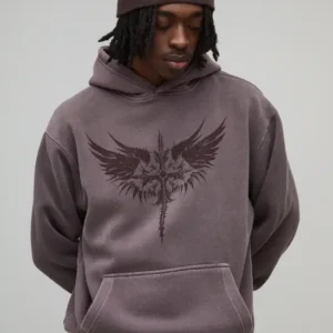 Washed Chocolate Oversized Tonal Gothic Print Hoodie