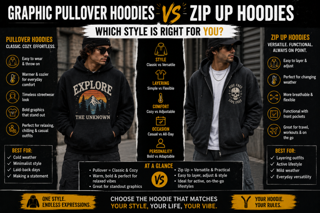 Graphic Pullover Hoodies vs Zip Up Hoodies