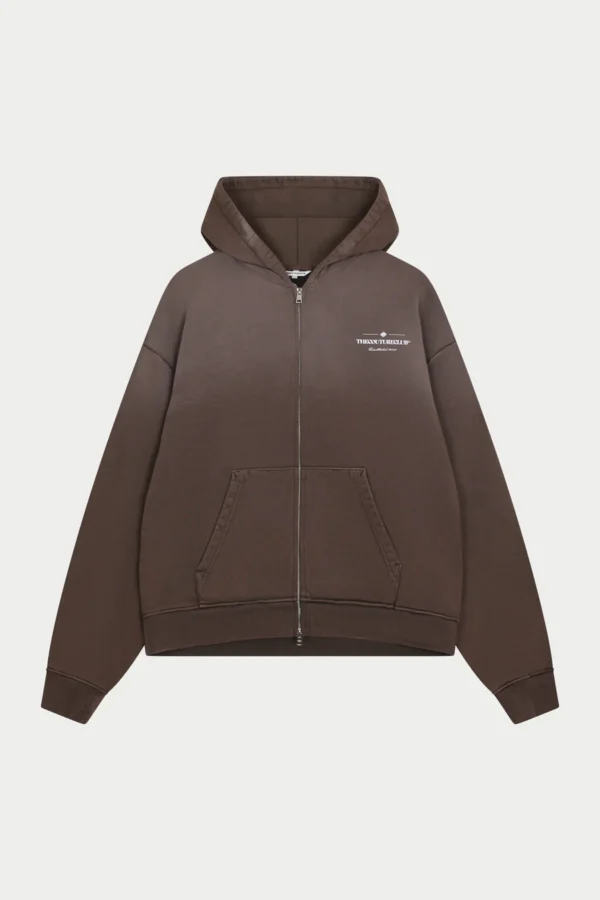SPRAY WASH COPYRIGHT MULTI GRAPHIC ZIP THROUGH HOODIE brown