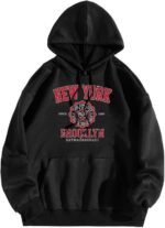 Women New York Graphic Hoodie Oversized Drawstring Long Sleeve Sweatshirt with Kangaroo Pocket Jumpers for Women UK blakc