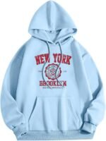 Women New York Graphic Hoodie Oversized Drawstring Long Sleeve Sweatshirt with Kangaroo Pocket Jumpers for Women UK blue