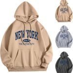 Women New York Graphic Hoodie Oversized Drawstring Long Sleeve Sweatshirt with Kangaroo Pocket Jumpers for Women UK brown
