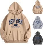 Women New York Graphic Hoodie Oversized Drawstring Long Sleeve Sweatshirt with Kangaroo Pocket Jumpers for Women UK brown