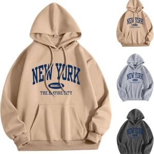 Women New York Graphic Hoodie Oversized Drawstring Long Sleeve Sweatshirt with Kangaroo Pocket Jumpers for Women UK brown