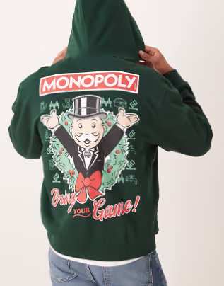 1 ASOS DESIGN unisex oversized hoodie with Christmas Monopoly print in green