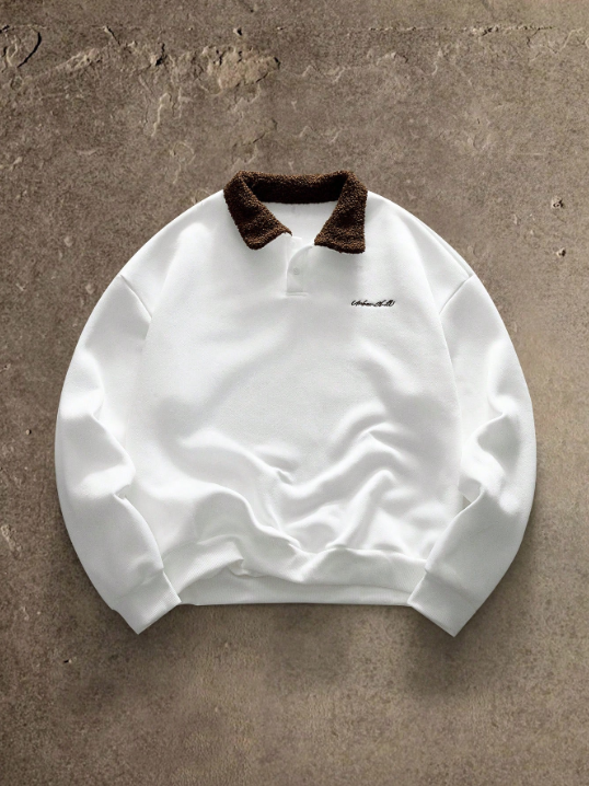 AXEPEAK Men's Knit Casual Loose Fit Long Sleeve Pullover Sweatshirt Fashion Streetwear Autumn Winter Letter Embroidery Contrast Collar Sweatshirt, For Friends Husband Boyfriend Gifts Back To School