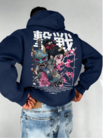 Men's Casual Fashionable Street Hoodie, Japanese Anime Character & Slogan Print, Kangaroo Pocket, Drawstring, Loose Fit, Suitable For Commuting BLUE