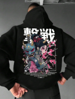 Men's Casual Fashionable Street Hoodie, Japanese Anime Character & Slogan Print, Kangaroo Pocket, Drawstring, Loose Fit, Suitable For Commuting black