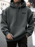 Men's Casual Fashionable Street Hoodie, Japanese Anime Character & Slogan Print, Kangaroo Pocket, Drawstring, Loose Fit, Suitable For Commuting dark gray 1
