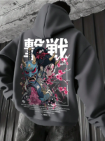 Men's Casual Fashionable Street Hoodie, Japanese Anime Character & Slogan Print, Kangaroo Pocket, Drawstring, Loose Fit, Suitable For Commuting gray