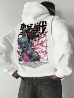 Men's Casual Fashionable Street Hoodie, Japanese Anime Character & Slogan Print, Kangaroo Pocket, Drawstring, Loose Fit, Suitable For Commuting white