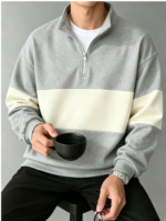 Men's Casual Fashionable Versatile Contrast Color Collegiate Style Comfortable Half-Zip Long Sleeve gray