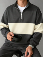 Men's Casual Fashionable Versatile Contrast Color Collegiate Style Comfortable Half-Zip Long Sleeve graya