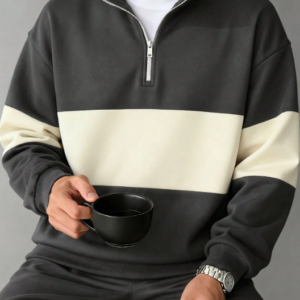 Men's Casual Fashionable Versatile Contrast Color Collegiate Style Comfortable Half-Zip Long Sleeve graya