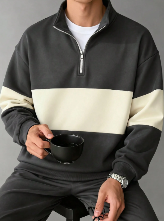 Men's Casual Fashionable Versatile Contrast Color Collegiate Style Comfortable Half-Zip Long Sleeve graya Men's Casual Fashionable Versatile Contrast Color Collegiate Style Comfortable Half-Zip Long Sleeve graya