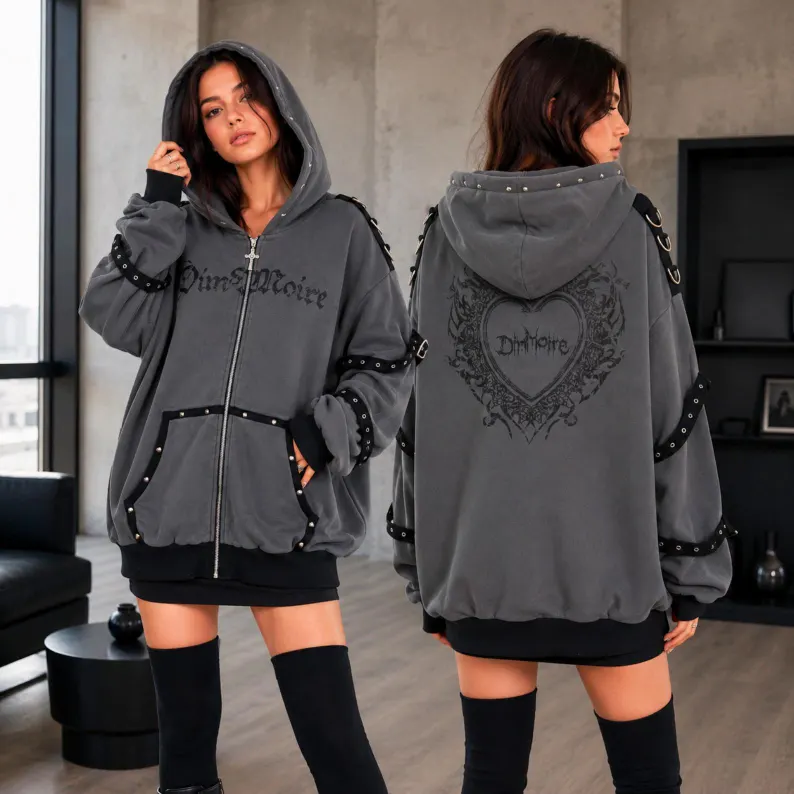 Oversized Harajuku Hoodie, Women Japanese Punk Goth Zipper Jackets, Y2k Streetwear Oversized Harajuku Hoodie, Women Japanese Punk Goth Zipper Jackets, Y2k Streetwear