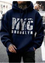 Preppy Lettering Men's Casual Street Hoodie, Drawstring Pocket, Slogan Print, Long Sleeve Top navy
