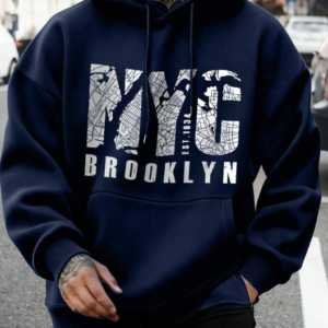 Preppy Lettering Men's Casual Street Hoodie, Drawstring Pocket, Slogan Print, Long Sleeve Top navy
