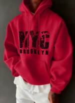 Preppy Lettering Men's Casual Street Hoodie, Drawstring Pocket, Slogan Print, Long Sleeve Top red