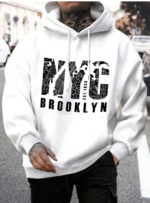 Preppy Lettering Men's Casual Street Hoodie, Drawstring Pocket, Slogan Print, Long Sleeve Top white